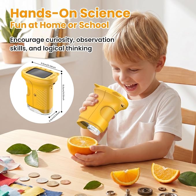 Alotwan Kids Microscope Handheld, Digital 1000X, 2.4" HD Screen | Pocket Size, Miniscope, Camera, Magnifying Glass, Outdoor Play, Science STEM Toys, Gifts for 3+ Ages, Yellow