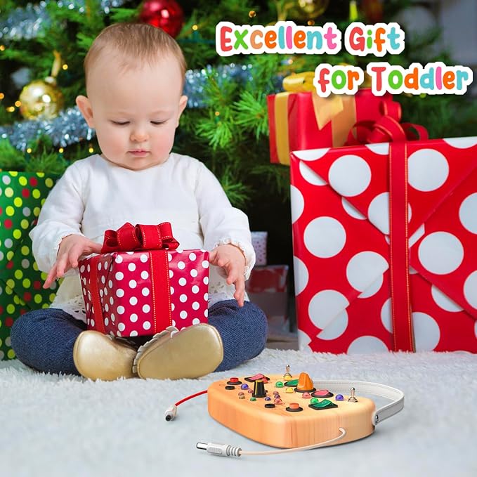 flycoost Busy Board with LED Light Switches,Toddlers Activity Board | Wooden Montessori Toys for 1 2 3 Years Olds,Portable Sensory Switch Board ,Car & Airplane Travel toys Boy&Girl Birthday Gift
