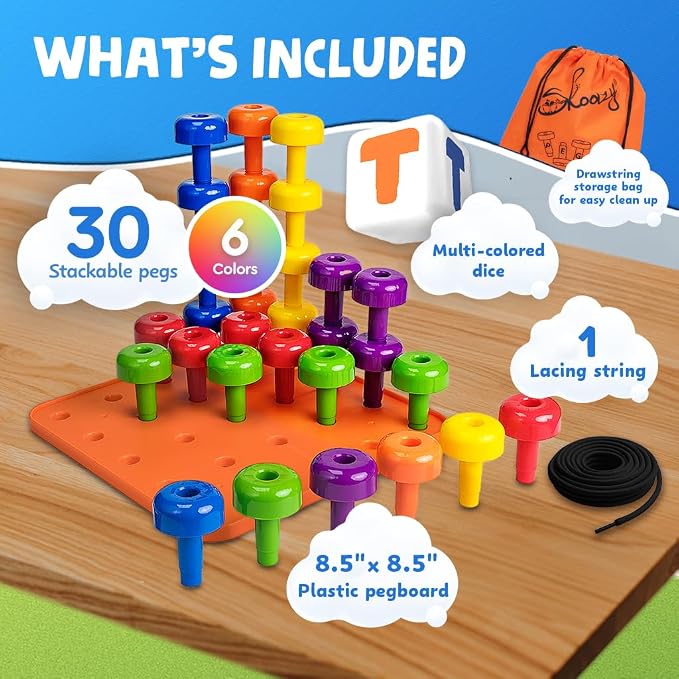 Peg Board Set, Montessori, 33 Pc Plastic, Pegs, Dice, Lacing | Occupational Therapy Toys with Pegs, Dice, Lacing String & Storage Bag, Educational, Sensory