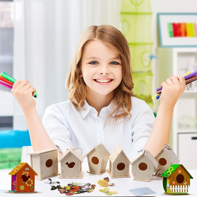 Sawysine 107 DIY Birdhouse Kits, Wooden Bird House Multiple Entrance | 48 Wooden Bird House Kits in 6 Shapes and 57 Butterfly Sticker for Children Fall Craft Activity Art DIY Project