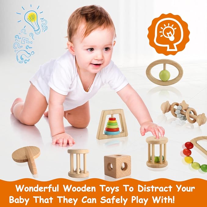 Wooden Baby Rattle, 8PCS Wooden Baby Toys for 7-24 Months Babies, Wooden Montessori Grasp Toy, Natural Beech Wood Baby Grip Toy, Wooden Rattles Toy for Infant Grasping (Colorful)