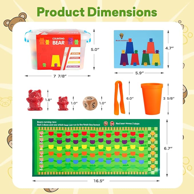 NEOROD Counting Bears - 90 Pcs Color Sorting Toys for Toddlers 1-3 & Preschool Learning Toys with Stacking Cups,Math Manipulatives with 2 Tweezers, 2 Dices, 12 Activity Cards & Storage Container