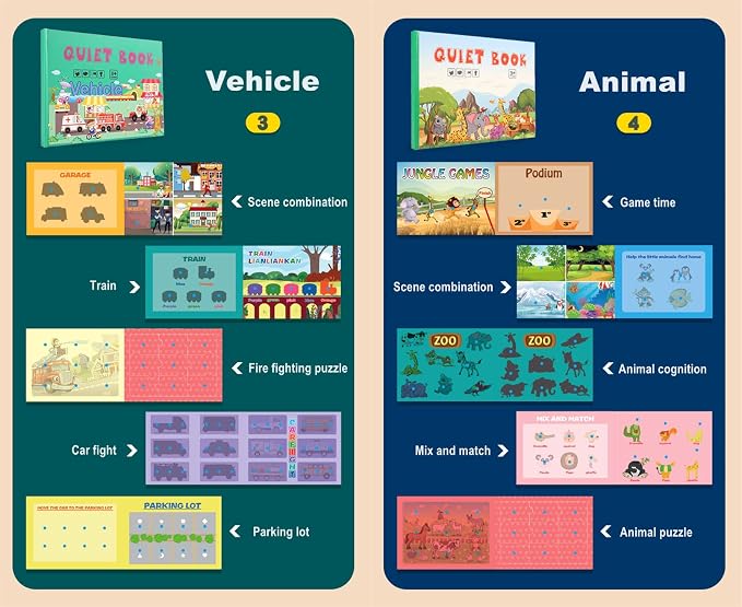4 Pack DIY Busy Book for Toddlers, Montessori Quiet Book with Animal, Vehicle, Number, Fruit Preschool Learning Activities & Education Toys
