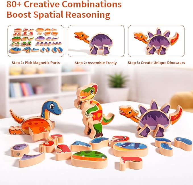 INIFEIDALA Magnetic Wooden Dinosaur Building Blocks, Ages 3-6 | Take Apart, STEM Montessori Educational Toy, Fine Motor Skills Development, Hand-Eye Coordination