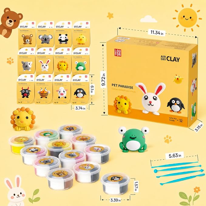 Air Dry Clay Kit -12 Animals Modeling Clay for Kids Arts and Crafts | Ultra Light & Soft,Safe & Non-Toxic,No-Sticky & Crack,DIY Molding Clay with Sculpting Tools,Party Favors Gifts for Girls Boys