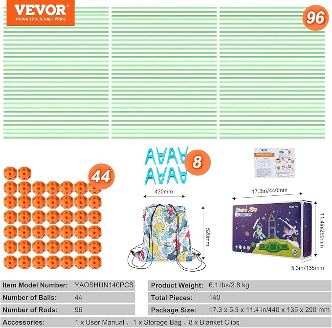 VEVOR Fort Building Kit for Kids, 140PCS Glow in The Dark STEM Building Toys, Educational Gift for 4 5 6 7 8+ Year Old Boys & Girls Indoor Outdoor Kids Fort Building Kit with 96 Rods and 44 Balls