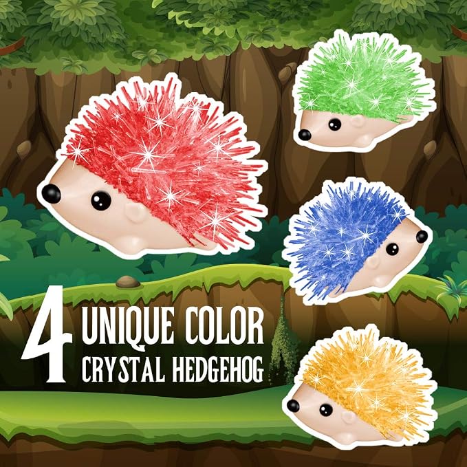 Crystal Growing Kit - 4 Vibrant Hedgehogs Fast 24H, STEM Gift for Kids 6-12 | Grow 4 vibrant hedgehogs in 24H. STEM science kit for ages 6-12. Educational DIY toy, great birthday gift for boys & girls.