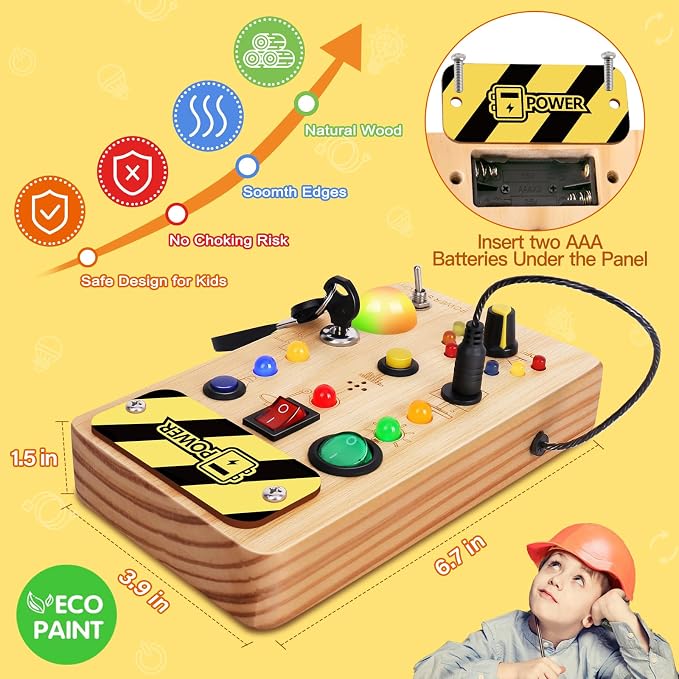 TINTECUSA Busy Board Montessori Toys for Toddler, Wooden Sensory Board Switch Toy with Color-Changing LED Light Up Travel Toys Educational Plane Travel Activity for 1-6 Year Old Girls & Boys Gifts