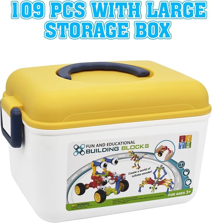 Huaker STEM Building Toys for 3 4 5 6 7 8 Year Old Boys Girls Birthday Gift | 109 Pcs STEM Activity Kit & Toy for Kids Ages 3-8 with Portable Storage Box, Perfect for Preschool, Homeschool, and Classroom