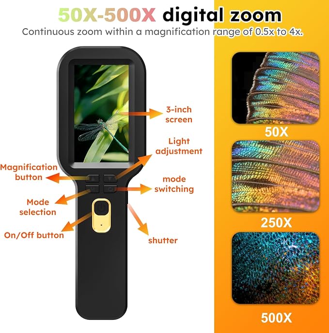 Kids Microscope Camera 500X Autofocus Magnifier STEM Gift Toy for Ages 4-12 | Handheld Digital Magnifying Glass Camera with 3.0" HD Screen and Photo/Video Record, Portable Edu Science Kits for Children