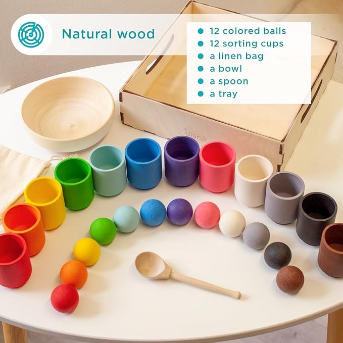 Ulanik Balls in Cups Full Set Montessori Toys for 1 Year Old | Open-ended wooden sorting set; 12 clear colors; tray and bag for easy storage