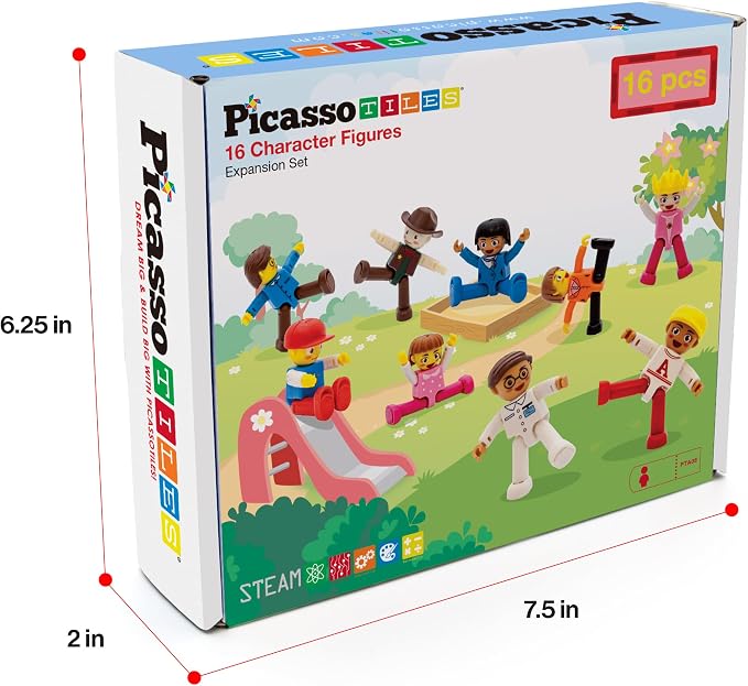 PicassoTiles Magnetic Character Figures Set, Toddler Style STEM People Toy | 16 pcs, creative pretend roleplay, open ended construction, interactive building block accessories, safe non toxic, ages 3+