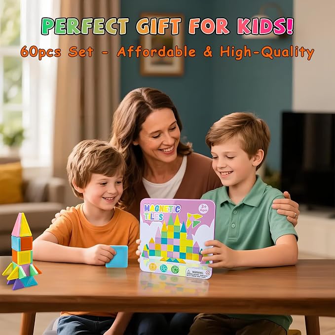Magnetic Tiles,60PCS Magnetic Building Blocks with Metal Storage Box,Magnetic Tiles for Kids Ages 3+,Magnet Tiles for Boys & Girls(Macaron)