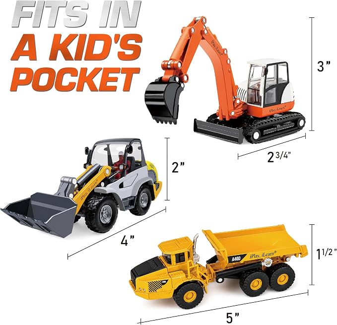 iPlay, iLearn Heavy Duty Construction Site Playset, Metal Dump Truck Digger | Kids Diecast Excavator Backhoe Tractor Bulldozer Vehicle, Outdoor Sandbox Beach Toy, Birthday Gift 3 4 5 Year Old Boy Toddler