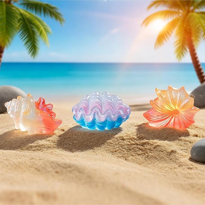 42Pcs Mini Resin Seashell Conch Figurines Small Sea Shell Figures for Craft | Tiny Bulk Plastic Shells Ocean Animals Aquarium Decorations DIY, Glow in the Dark, 7 Styles 6 Each, Mermaid Party Favors