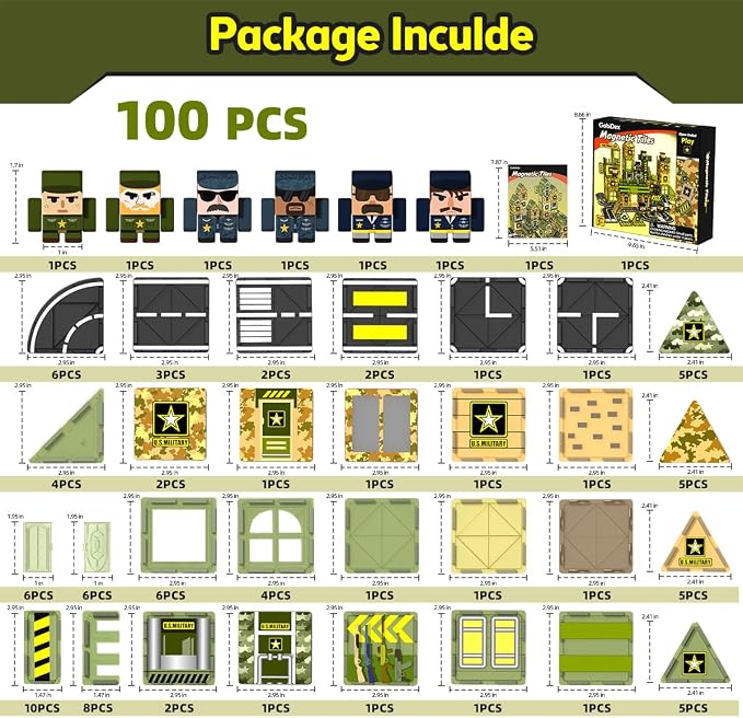 GobiDex 100PCS Army Magnetic Building Blocks Set for Kids Ages 3+ | Military Magnetic Building Blocks with 6 Magnet Army Men, STEM Construction Toys Gifts for Boys Girls 3 4 5 6 7 8 9+ Year Old