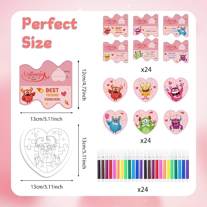 Fennoral 24 Pack Valentines Day Gifts for Kids Classroom Color Your Own Heart Monster Jigsaw Puzzles with Card DIY Coloring Valentine's Day Craft Kit Art Activities Valentines Party Favor Supplies