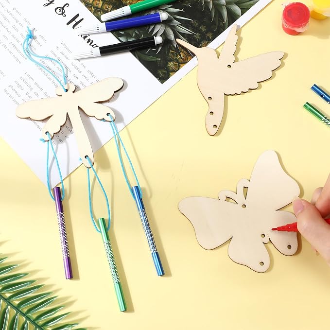 Leinuosen 30 Pcs Wind Chime Kit Make Your Own Hummingbird Crafts for Kids | DIY Hummingbird Windchimes Crafts Decorative Coloring Wooden Crafts for Spring Summer Party Art Activities Home Patio Decor