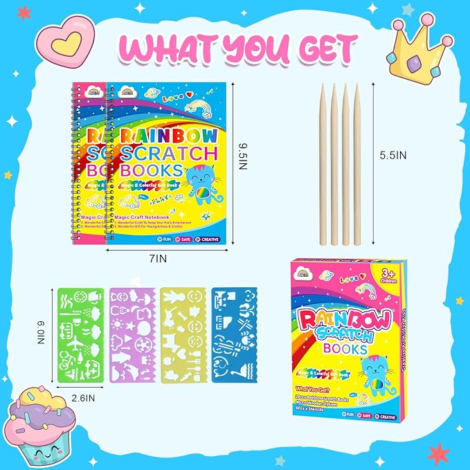 ZMLM Scratch Paper Art-Crafts Gift: 2 Pack Rainbow Notebooks Supplies Toys | Art Crafts for 3 4 5 6 7 8 9 10 11 12 Years Old Girls and Boys Kids Birthday Christmas Party Travel Games Activities