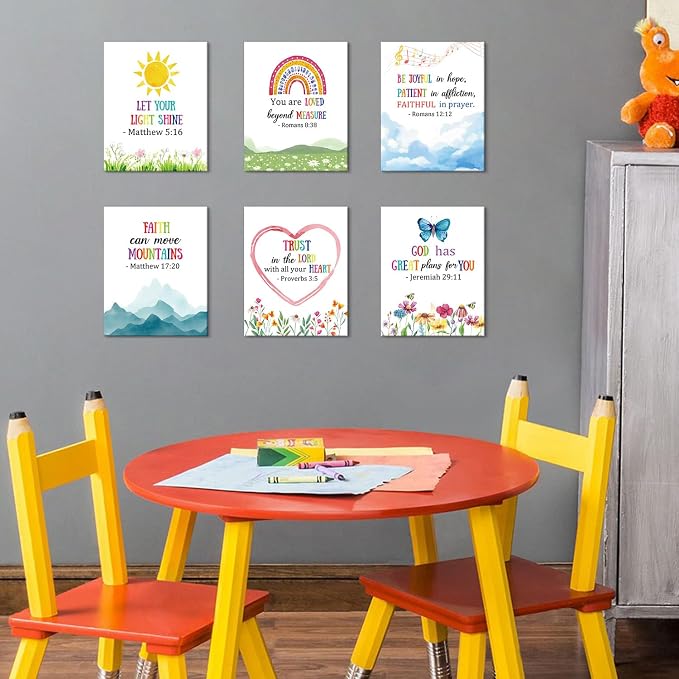 HOURIA Framed Kids Rainbow Religious Christian Wall Art (6pcs,8“X10” | Sunday School Decorations For Classroom playroom