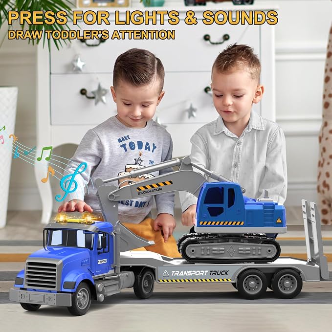 DOWELLIN Transports Trucks Kids Toys, 22" Large Semi Truck Toy Carrier and Excavator Truck with Sound&Light,Friction Powered Cars Toys Vehicle Birthday for Boys Girls 3 4 5 6 7 8+