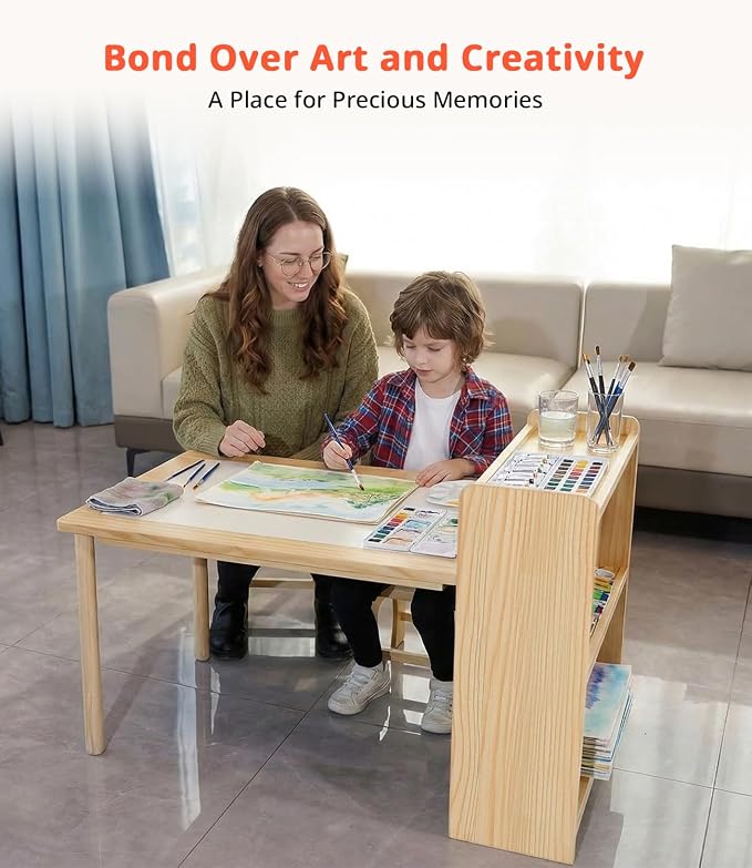 Kids Art Table and 2 Chair Set, Wooden Craft Table with Storage Shelves | Toddler Activity Desk for Creativity, Drawing, Learning & Playtime