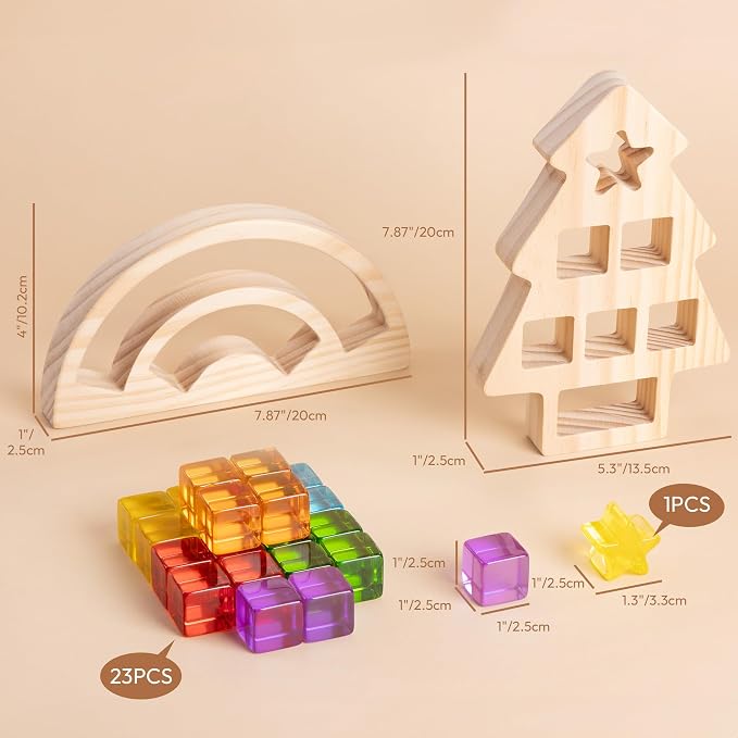Wooden Building Blocks Set for Kids, Rainbow & Tree Wood Frame - 24 PCS Acrylic Gem Cubes Stacking Blocks, Montessori Stacking Toys, Educational Birthday Toys Gift for Toddlers 3-6