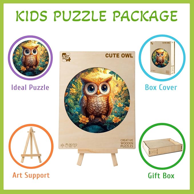 Animal Wooden Puzzles for Kids - Cute Owl | 50 Piece Puzzles for Kids Ages 4-6 - Kids Puzzle with Unique Piece Shapes - Round Puzzles for Boys and Girls (11.4 * 11.4 in)