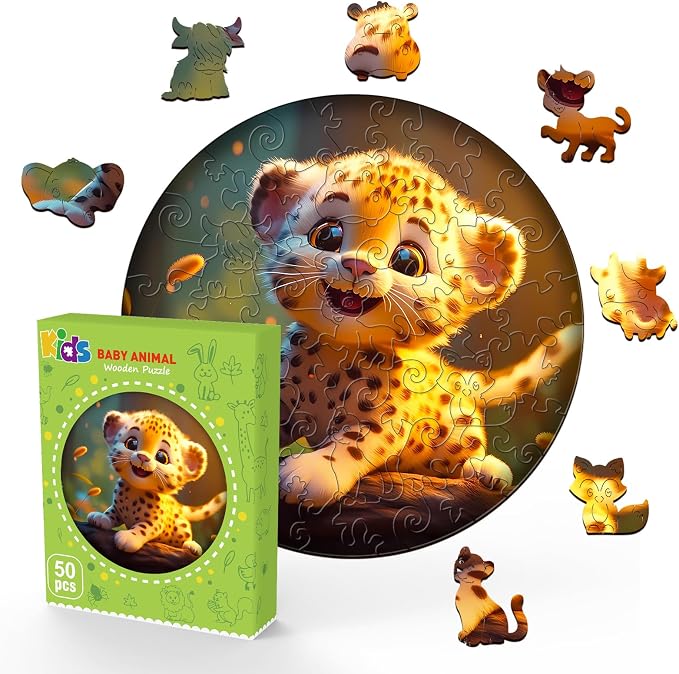 Wooden Puzzles for Kids Ages 6-8, Cute Leopard (50 Pieces) | Unique Animal Wooden Jigsaw, Irregular Cutouts, Home Decor Educational Toy & Christmas Kids Gift, 11.4*11.4 In