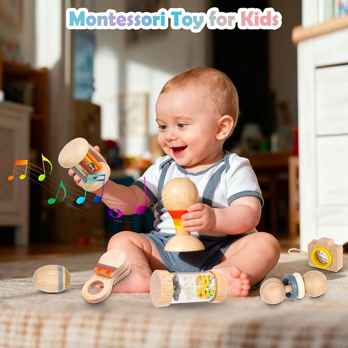 Montessori Wooden Baby Toys 0-12 Months, 7-Piece Sensory Rattle & Music Set | Rain Sound Tube and Rattle Roller for grasping, shaking, rolling, sound discovery and visual exploration with Storage Bag