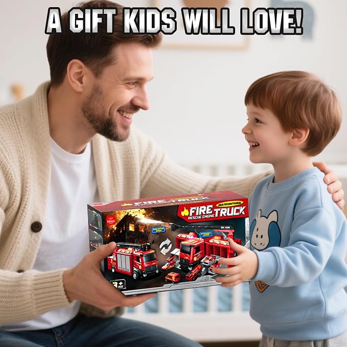 Lehoo Castle Fire Truck Toy for 3 4 5 Years Old Boy | Fire Trucks Playset with Rotating Ladder, Realistic Lights & Sounds, Birthday Gifts for Toddlers 3+