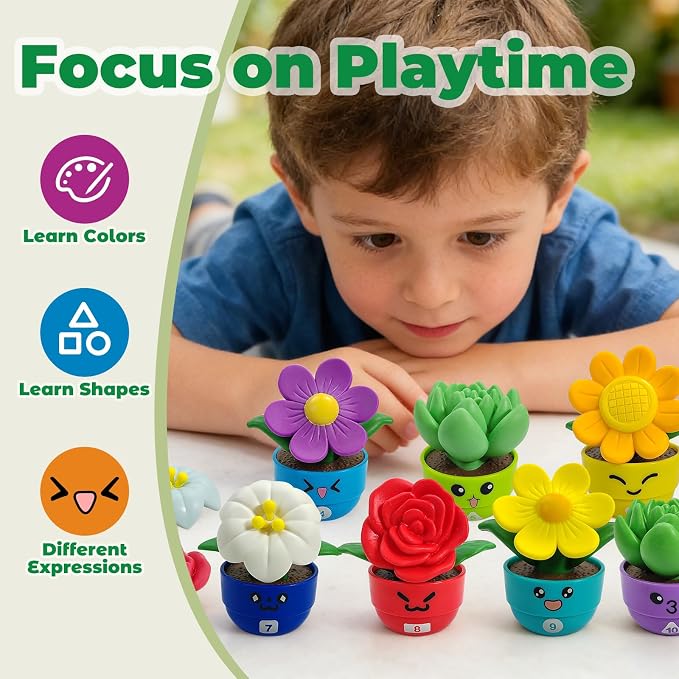 Montessori Flower Garden Building Toy for Girls & Boy, Toddler Gardening Set with 10 Shape & Number Flowers, Preschool Learning Matching & Stacking Game, Sensory Toys Gifts for 1 2 3 Year Old