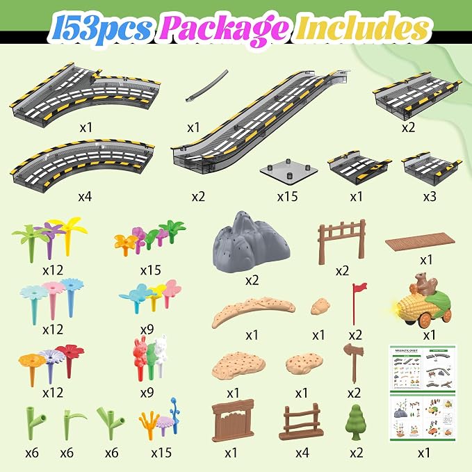 SKTMYY 153PCS Magnetic Tiles Road Set with Toy Car & Flowers Building Toy, Magnet Tiles for Kids, Magnetic Building Blocks, STEM Toy Gift for Boys and Girls, Garden Track Themed