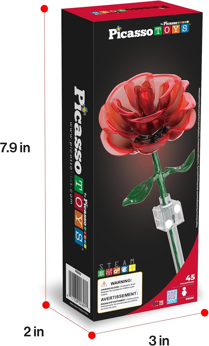 PicassoTiles Red Stem Rose Building 45pc Set With Magnetic Hold Piece Creative Hands-On Play Discovery Activity Kit Room Decor Gifts For Mother’s Day Present Display Flower Boys Girls Kid Age 3+ PBS20