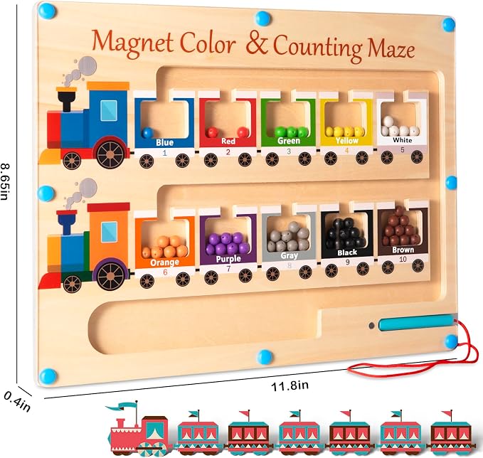 Poycuna Magnetic Color and Number Maze Board Wooden Montessori Fine Motor Skills Toys for 3 4 Year Old Preschool Learning Activities Classroom Must Haves Sorting Travel Toys for Toddlers Boys Girls