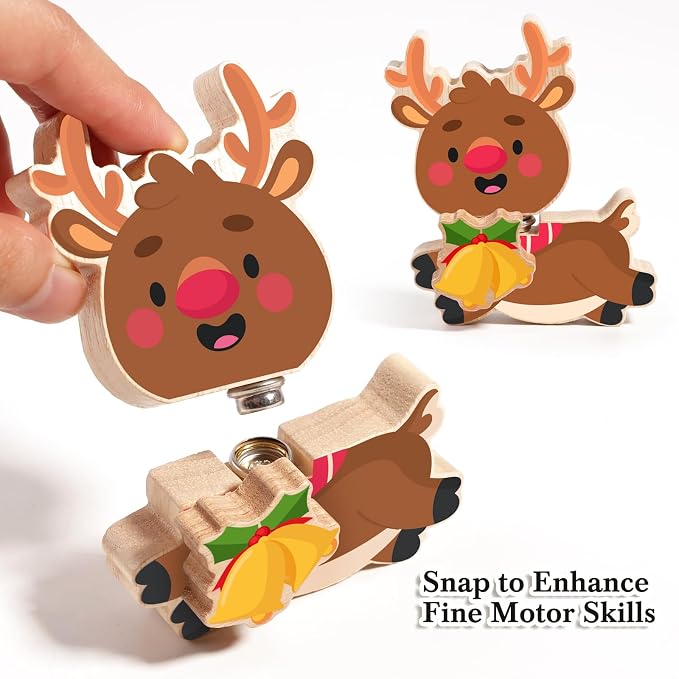 HUZU Wooden Snap Together Button Building Blocks for Kids 3-8, Easter and Animals 3D Puzzle Toys, Montessori Educational STEM Fine Motor Skills Learning Toys (Christmas Friends)
