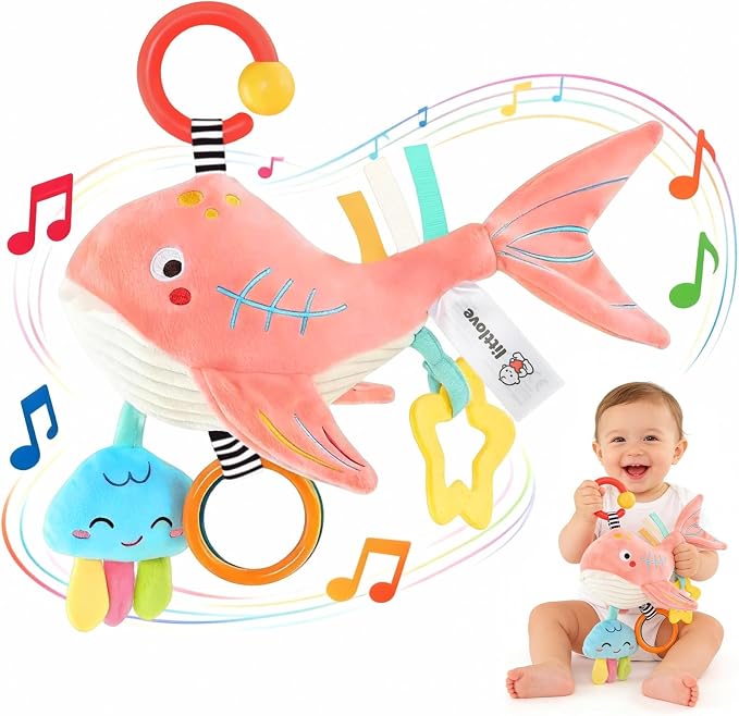 Pull Musical Toys for Car Seat 6-12 Months, Travel Sensory Toy 3-6 Months, Montessori Plush Toys for Roadtrip with Teether Crinkle Textures Clackers Squeaky Pulling Cords Newborn Infant Valentine Gift