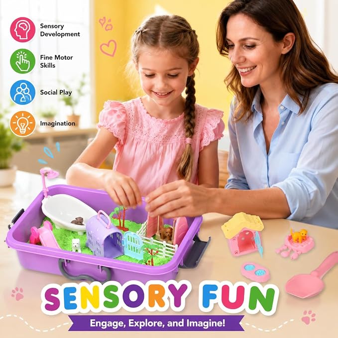 Carolart Pet Sensory Bin, Dog & Cat Sand Box Play Sand Kit, Sensory Toys | Sensory Sand Pet Care Play Set, Pretend Animal Toys, Sensory Kit Gift for Girls Boys, Interactive Sensory Play Ages 3+