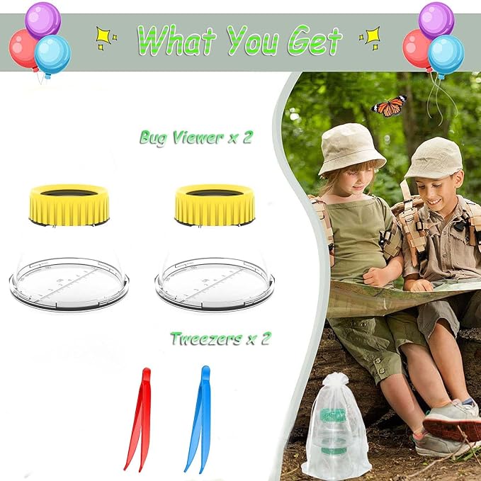 Bug Viewer for Kids 3X Magnifying Insect Observation Kit Built-in 7cm Ruler with 2 Slant Tweezers Bug Jar Catcher Cage for Kids Science Nature Exploration (2Pack Yellow)