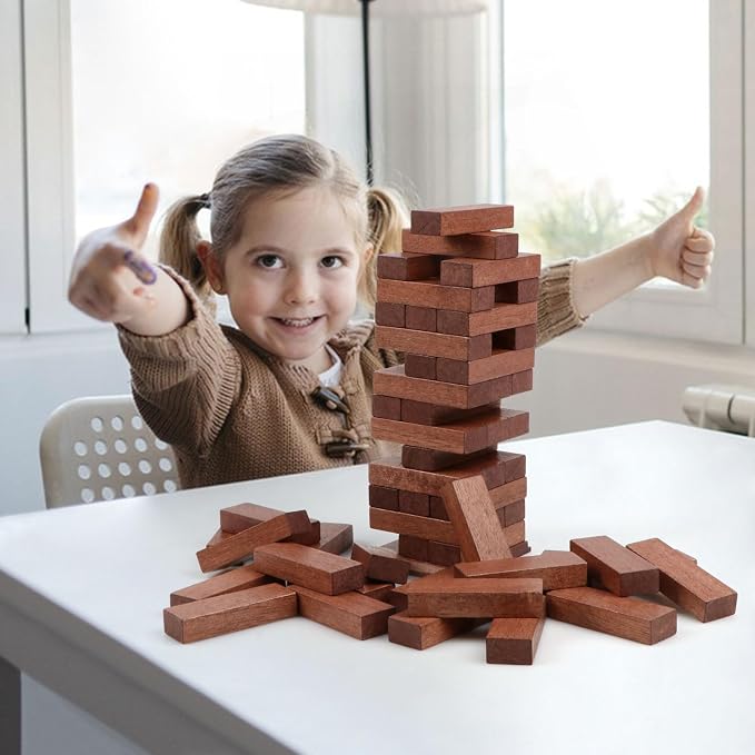 54PCS Tumbling Tower Game Wooden Blocks Stacking Game for Kids Adult Family | Canuan Wooden Tumbling Tower for Party Camping, Classic Stacking Blocks Wooden Board Tabletop Games with Storage Box Dices