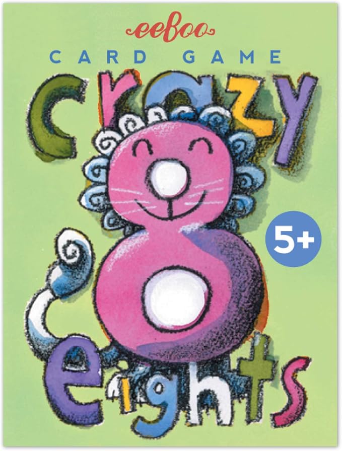 eeBoo Crazy Eights Playing Card Game, 50 Cards, Ages 5+, 3+ Players | Builds number recognition & strategic thinking. Includes 50 laminated cards illustrated by Chris Raschka. A classic card game