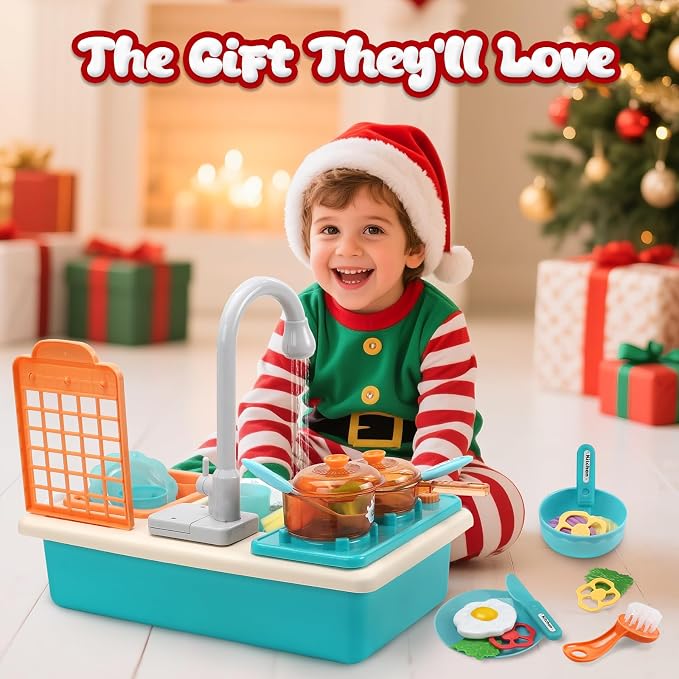 CUTE STONE Play Kitchen Sink Toys with Upgraded Real Faucet | Play Sink with Cooking Stove, Cookware Pot and Pan, Play Food, Color Changing Dishes Accessories for Boys Girls Toddlers