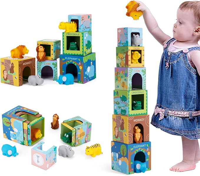 Sorting and Stacking Toys Blocks for Toddler Gifts 1-3, Soft Safari Animal | Bath Toys Age 2-4, Numbers Nesting Stackable Toys for Baby 12-18 Months, Montessori Toys Gifts for 1 2 3 Year Old Boys Girls