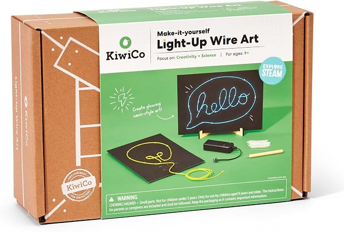 KiwiCo DIY Neon Sign Kit - Light-Up Wire Art STEM Craft, Ages 9+ | Electroluminescent EL wires with battery packs & templates for hands on science and engineering projects; glowing room decor