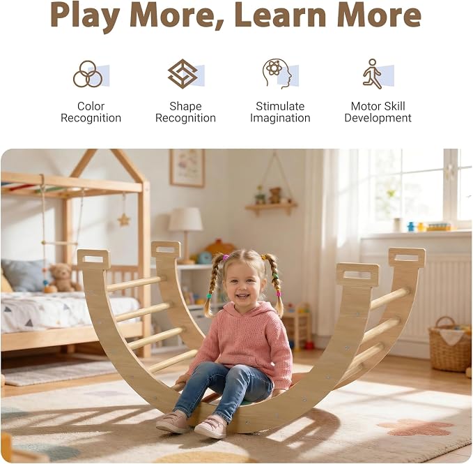 Large Pikler Triangle Set, 7-in-1 Toddler Climbing Toys Indoor, Wooden Montessori Climbing Set with Arch Ramp Ladder, Foldable Baby Jungle Gym Playground (Wood)
