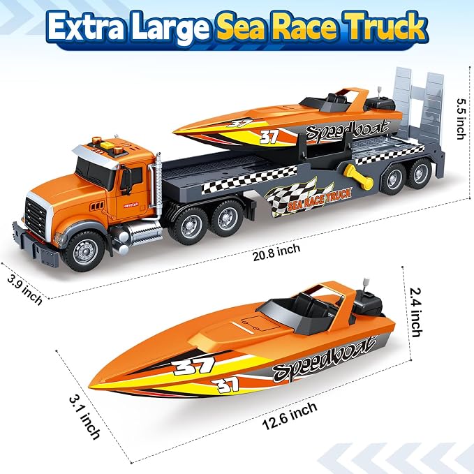 Bstoyder Toddler Boy Toys for 3 4 5 6 7 Years Kids, 21" Semi Flatbed Truck Toy with a Sea Race Truck, Friction Powered Vehicles Toys with Lights and Sounds, Birthday for Boy Girls