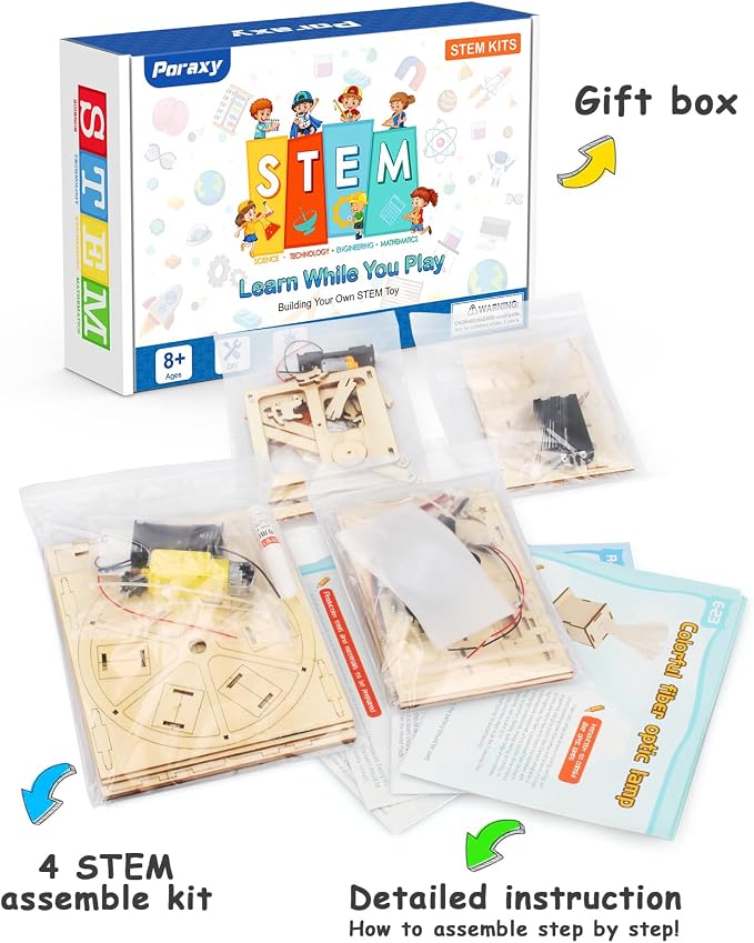 Poraxy 4 in 1 STEM Kits for Kids Age 8-10, Science Kits Building Projects for Kids, STEM Toys for Boys Girls Age 8-13, 3D Puzzles Educational Craft 8-12, Birthday Gifts for 6 7 9 10 11 12 13 Year Old