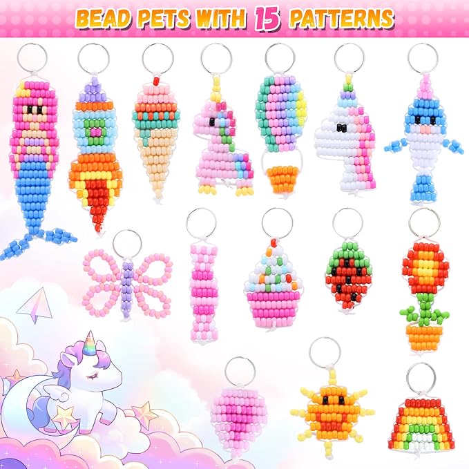 Funtopia Pony Beads Kit for Keychain Making, Mini Pony Bead Pets for Kids | Includes Instructions for 15 Cute Designs and Storage Box, Beginners Kids Craft Kit for Rainy Day Group and Family Activities