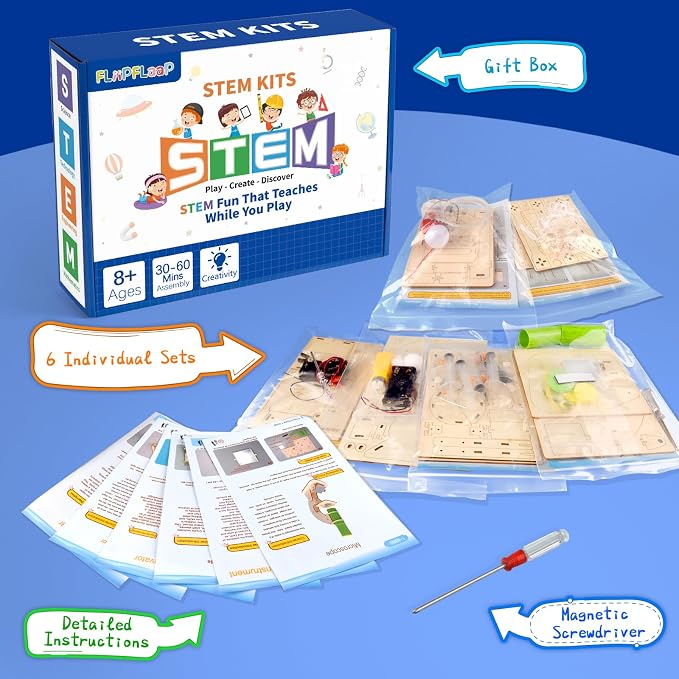 6-in-1 STEM Science Kits for Kids, Wood Arts and Craft Kits, STEM Toys for Boys Girls Age 8-12 5-7 8 10 12 13 14 Gift Idea, 3D Puzzles Building Engineering Model Set