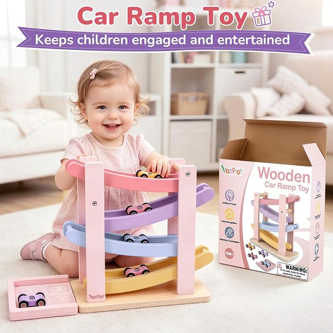 Vanplay Car Toys for 1 2 Year Old Girls Gifts, Car Ramp Toy for Toddler 1-3 | Pink & Purple Race Track Truck Toy, 4 Level & 4 Mini Cars, Fully Assembled, All Wood, One 1st Christmas Birthday Gift